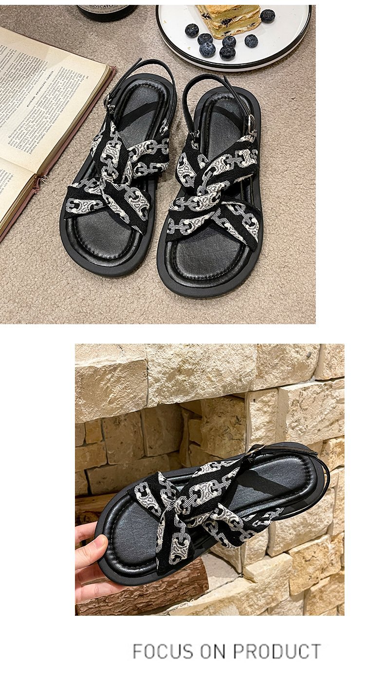 Zomer nieuwe letterstof modieuze en comfortabele zachte zool geurige wind platte gesp sandalen_voghion.com
