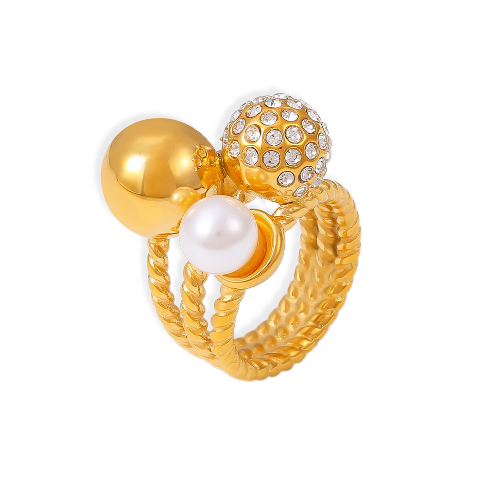 Imitation Pearl Retro Czech Diamond Round Bead Ring Titanium Steel Light Luxury Temperament Versatile Ring_voghion.com