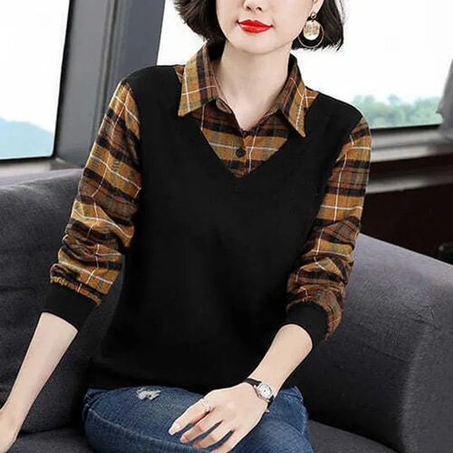 Women's Long-Sleeve Plaid Polo Collar Top with Patches for Plus Size, Mother's Day Outfit, Versatile and Comfortable Fall T-shirt
