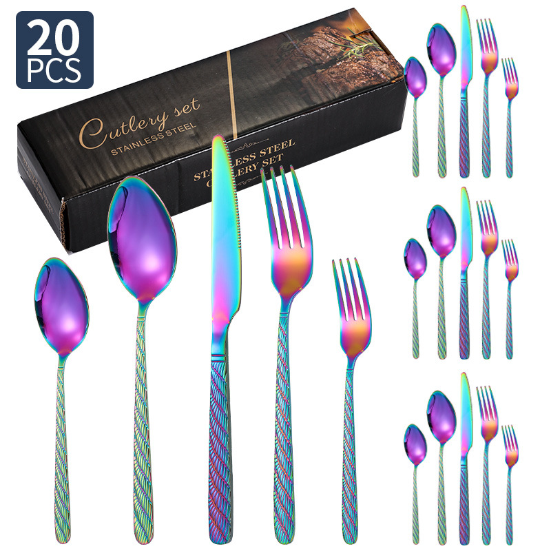 Vajilla de acero inoxidable de Amazon, bistec, cuchillo, tenedor, cuchara, cuerda de cáñamo, juego de 20/24/30 piezas, juego de cuchillo y tenedor de comida occidental de hotel