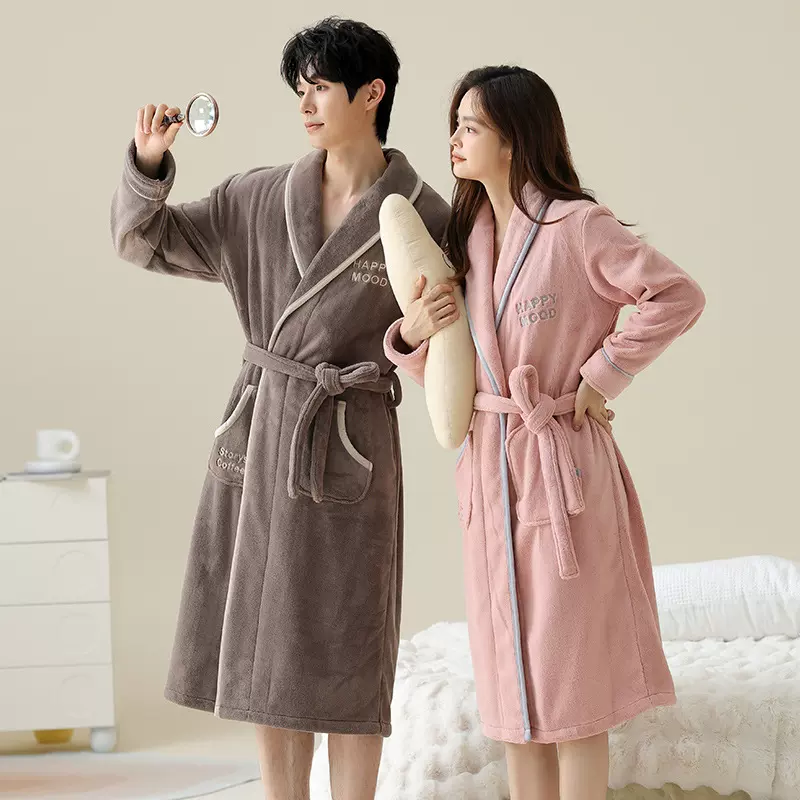 【抗静电珊瑚绒】情侣睡袍秋冬季加厚女士晨袍冬天男士中长款睡袍
