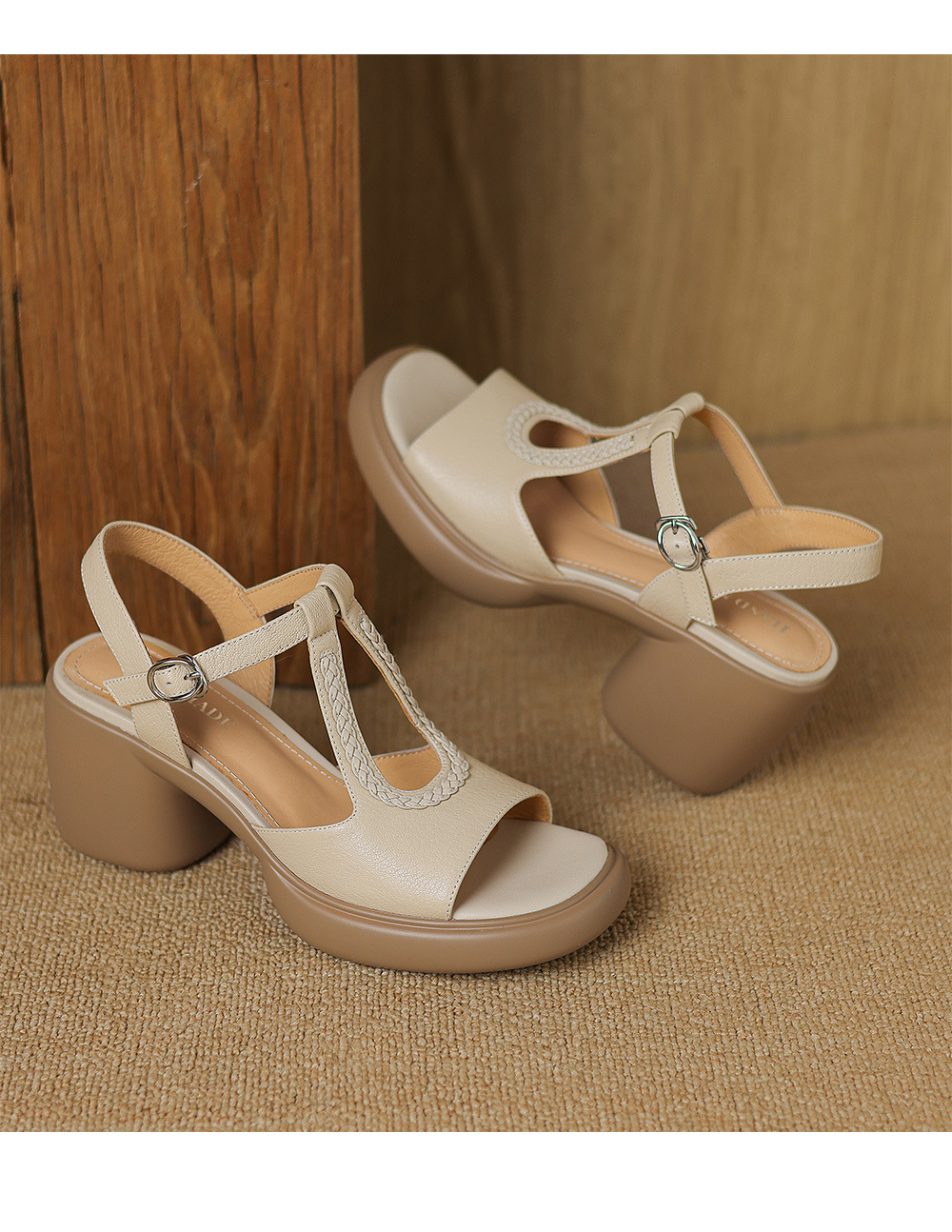 Sandal cao gót nữ phong cách La Mã, gót 8 cm, đế dày, da cừu mềm — Màu trắng be chi tiết 17