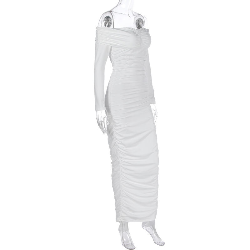 Solid Color Sexy off the Shoulder Maxi Dress Elegant Pleated Long Sleeve Dress Women 7 Solid Color Sexy off the Shoulder Maxi Dress Elegant Pleated Long Sleeve Dress Women
