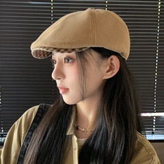 2025年新款韩版秋冬复古格子拼接前进帽子女时尚贝雷帽百搭画家帽