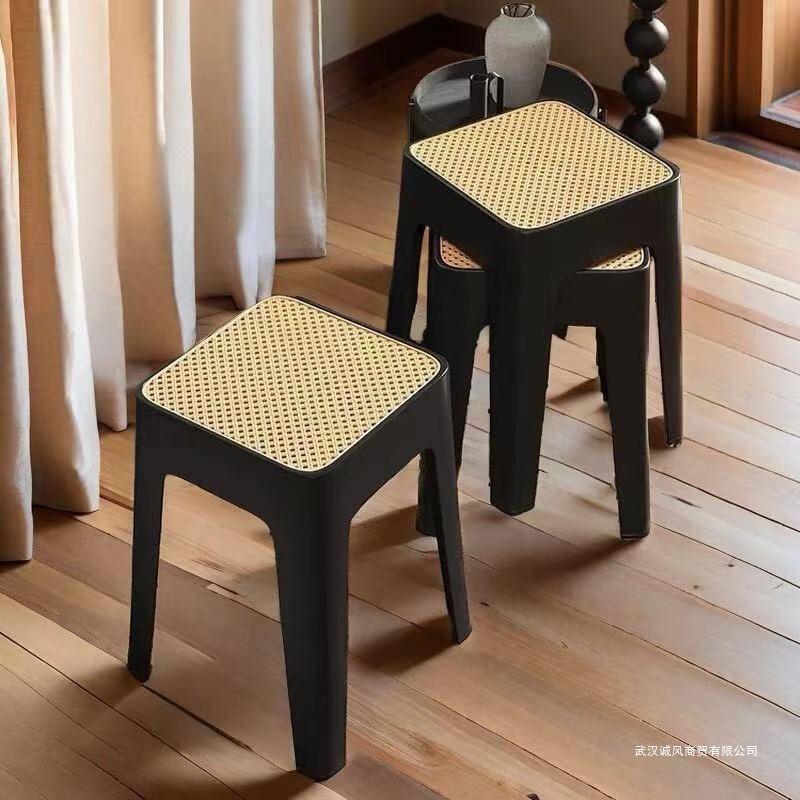 中古风藤编塑料凳子结实耐用方凳餐厅加厚凳子家用可叠放备用椅子|undefined