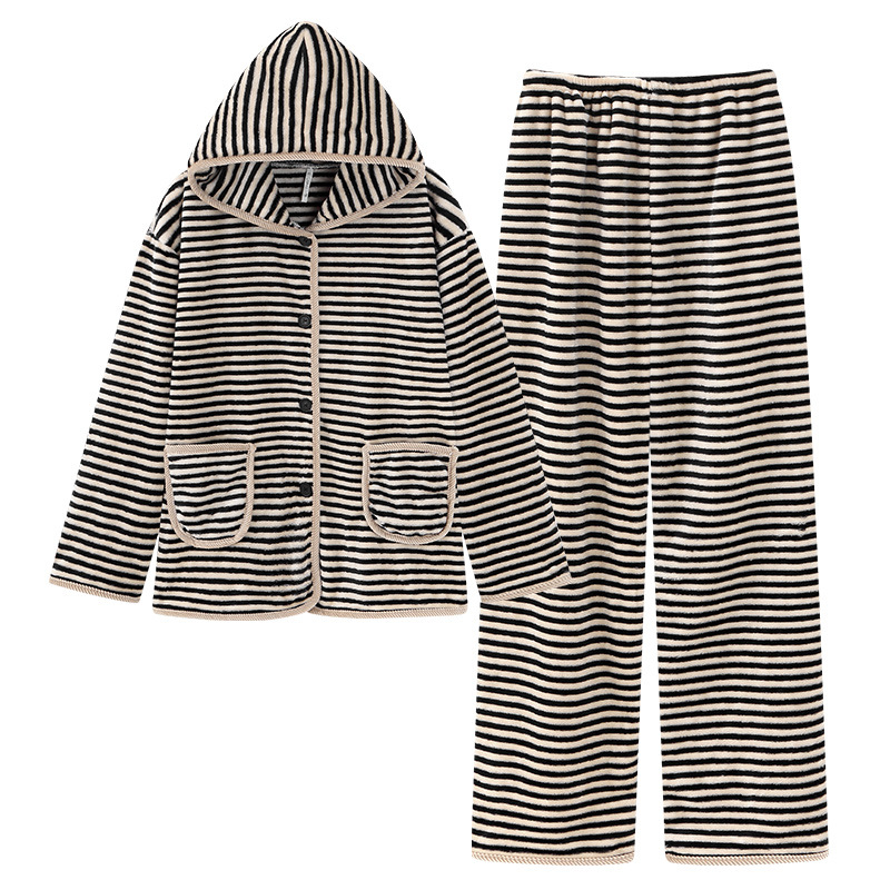 재고 도매 산호 양털 파자마 여성의 가을과 겨울 줄무늬 후드 겨울 기모 두꺼운 플란넬 홈 세트