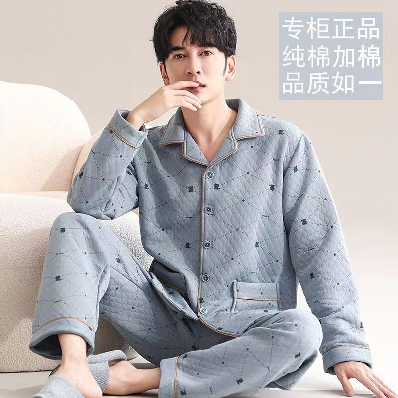 Pijamas de los hombres 100% invierno acolchado sándwich 2023 nuevo espesado Otoño e Invierno casual desgaste del hogar