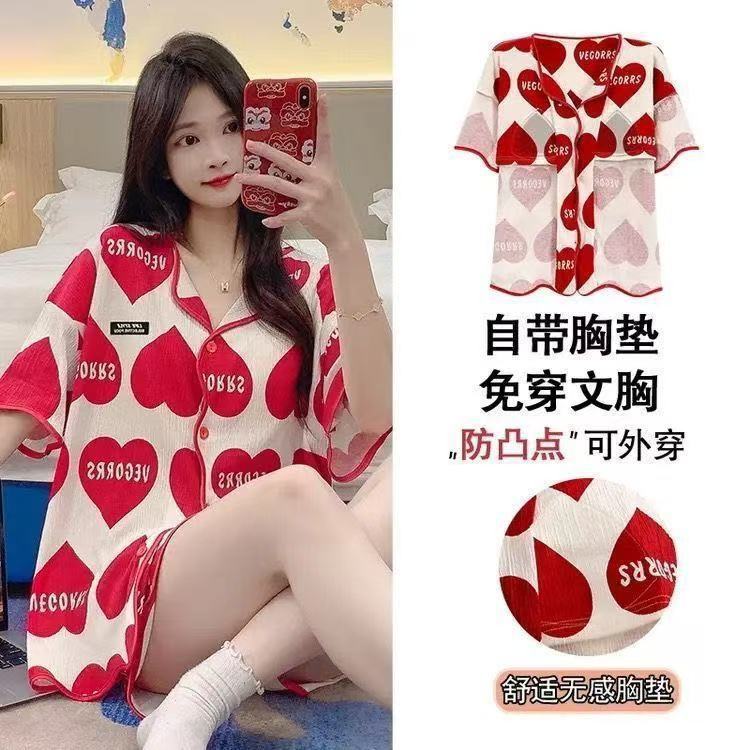 Fashion Pajamas with Breast Pads, Popular Pajamas, Summer Short-Sleeved Shorts, Home Clothes Set That Can Be Worn Outside