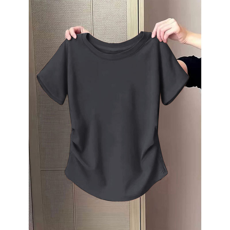 ソリッドカラープリーツ半袖Tシャツレディース新作夏スリムウエストシックなデザインラウンドネックTシャツトップ|undefined