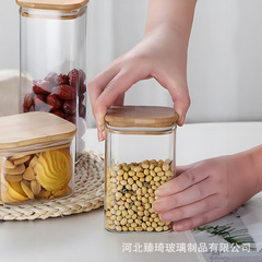 メーカー直供高ホウ素シリコンガラス密封缶角型密封貯蔵缶茶葉缶木蓋ガラス収納缶