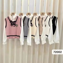 新款学院风针织马甲拼接衬衫假两件短款修身长袖外穿百搭毛衣女