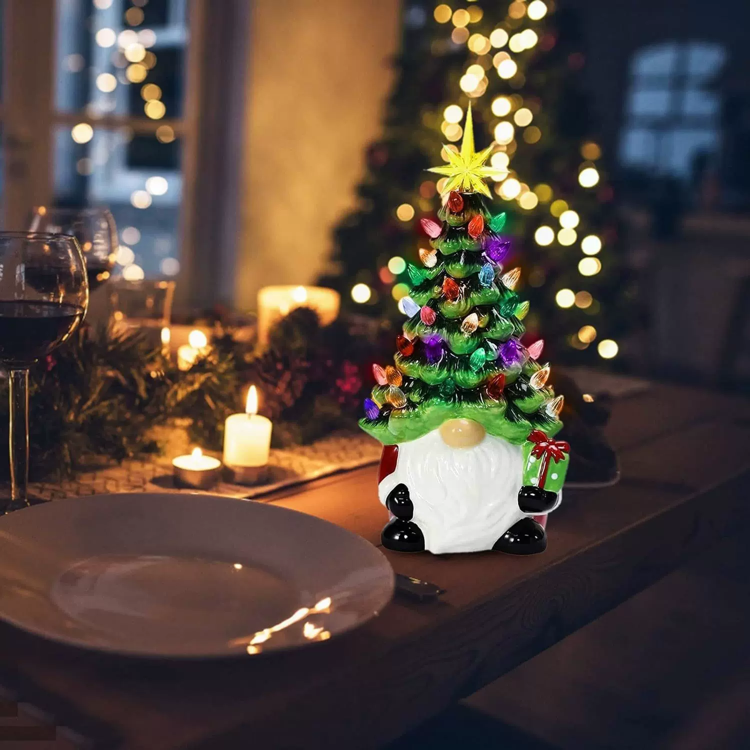 跨境发光圣诞侏儒老人树脂摆件创意圣诞树彩灯侏儒桌面装饰工艺品