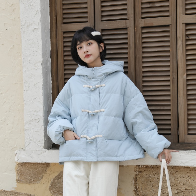 Winter Korean Style College Style Age-reducing Loose Horn Button Design Hooded Thickened Cotton Coat For Women