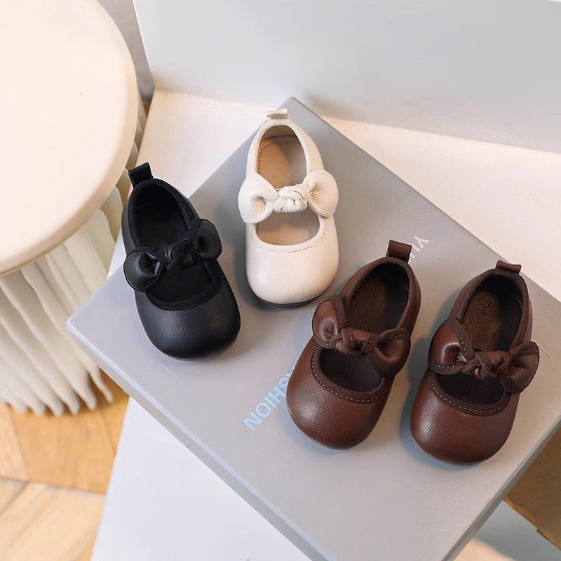 Uşaq qızlar üçün yumşaq altlıqlı dəri ayaqqabı, bowknot Velcro