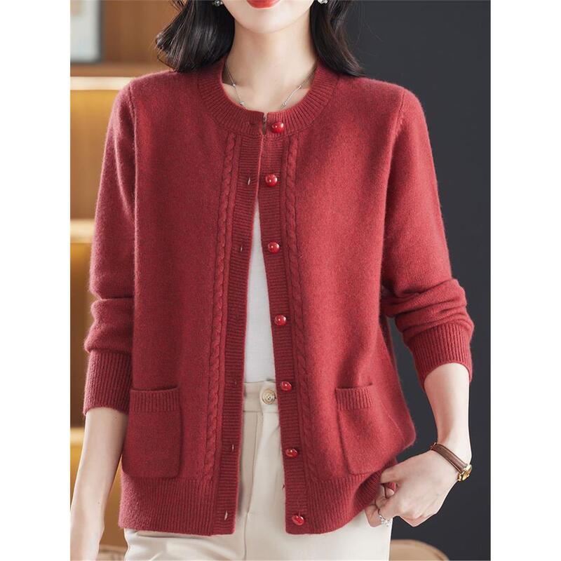 2025 Autumn and Winter New Fashion Loose and Stylish Round Neck Tie Pocket Knitted Jacket Sweater Cardigan Top for Women