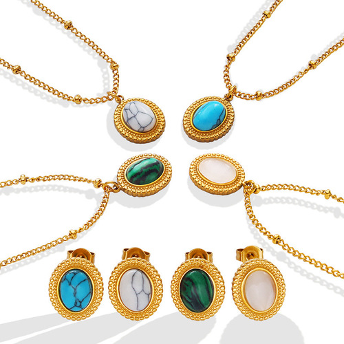 French bohemian personality fashion retro turquoise cat's eye stone inlaid necklace earrings jewelry set wholesale for women