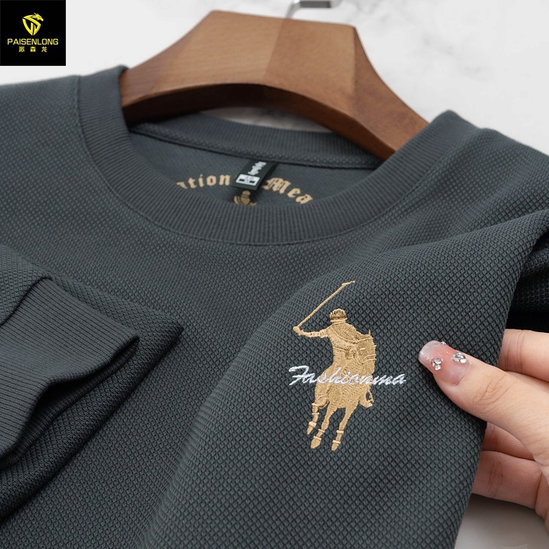 Long Waffle Sweater Men's 2023 Autumn/Winter Round Neck Sweater Embroidered Comfortable Hooded Pullover Men's Top_viptrois.com
