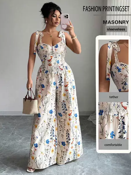Cross-Border 2026 European and American Amazon Floral Waist-Cinching Printed Jumpsuit