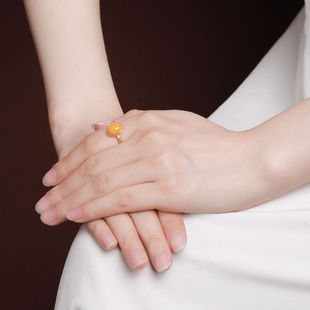 925 Sterling Silver Gold-plated Ring with Beeswax and Egg Face Retro National Fashion Auspicious Cloud Pattern Oval Yellow Amber Open Finger Ring