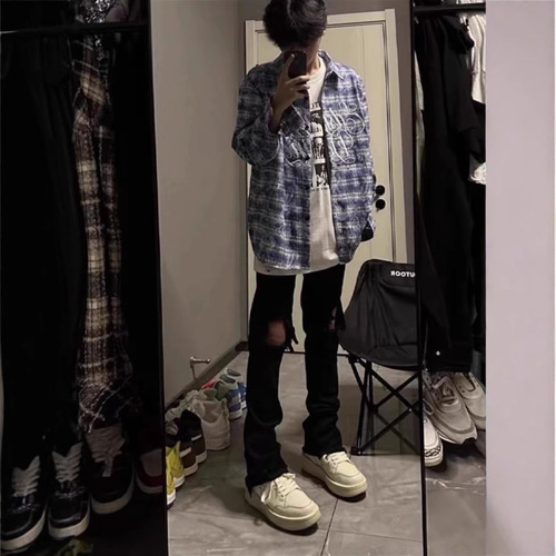 Japanese retro design checkered long-sleeve shirt for men and women, 2025 spring commuting versatile loose-fitting shirt and outerwear