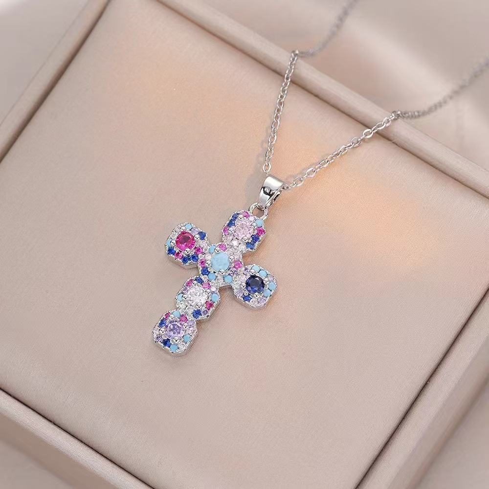 Wholesale Jewelry Shiny Cross Titanium Steel Zircon Inlay Pendant Necklace Cable Chain display picture 33