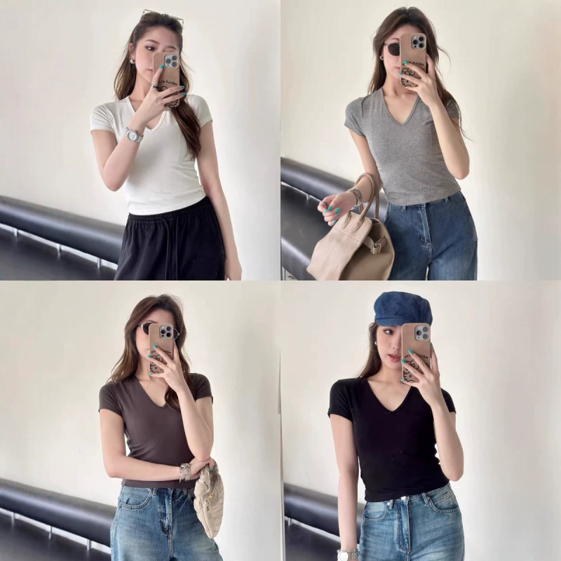 Warren Sea Dragon |   Sst028 Ins Blogger Style Women's Slimming Top Lyocell Elegant V-Neck Short-Sleeved T-Shirt