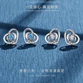 s925银耳钉新款流苏心形简约小巧气质耳饰品情人节礼物海蓝之星