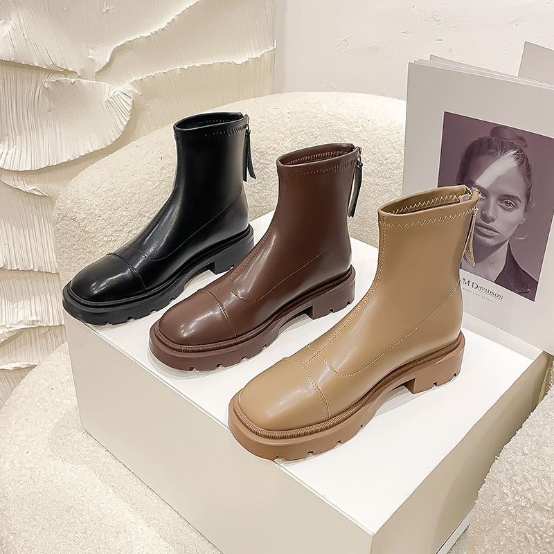 Genuine leather inner raised Martin 2024 new square toe heel thick sole elastic slim boots for women 33 small size_voghion.com