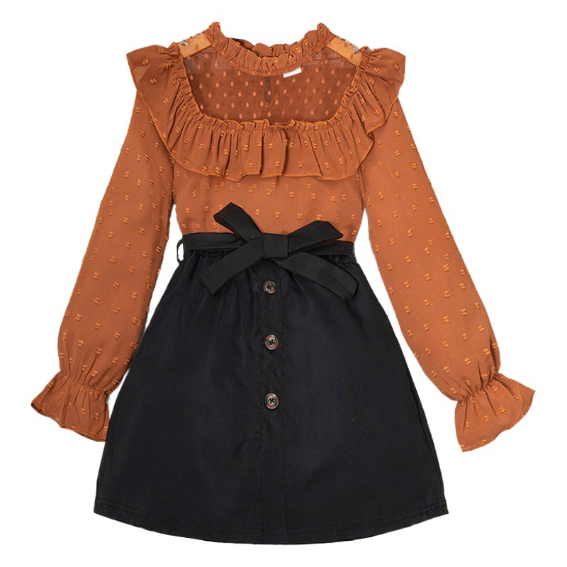 Conjunto de dos piezas para niñas, ropa infantil de comercio exterior, primavera, nuevo, dulce, con encaje, lunares, top de manga larga y falda corta.