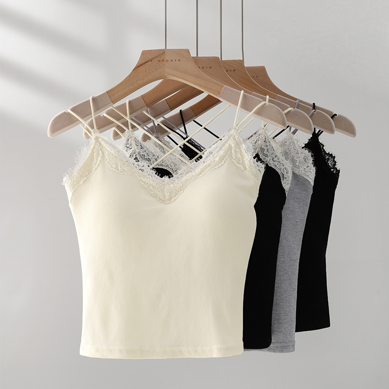 White French Niche V-Neck Top with Breast Pads, New Style Chic Lace Camisole Women's Suit 2025 Inner Wear