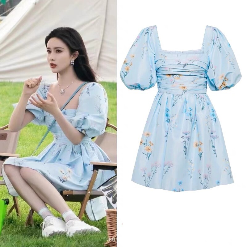 Celebrity Same Style Blue Floral dress Square Collar Bubble Sleeve Princess Skirt High Satin Large Swing Skirt