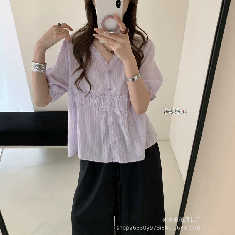 Summer thin cotton lace V-neck blouse for women, gentle Korean style, loose and slimming, versatile short-sleeve shirt R191