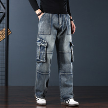 外贸跨境裤子男加肥加大码多口袋工装牛仔裤男直筒高街户外长裤男