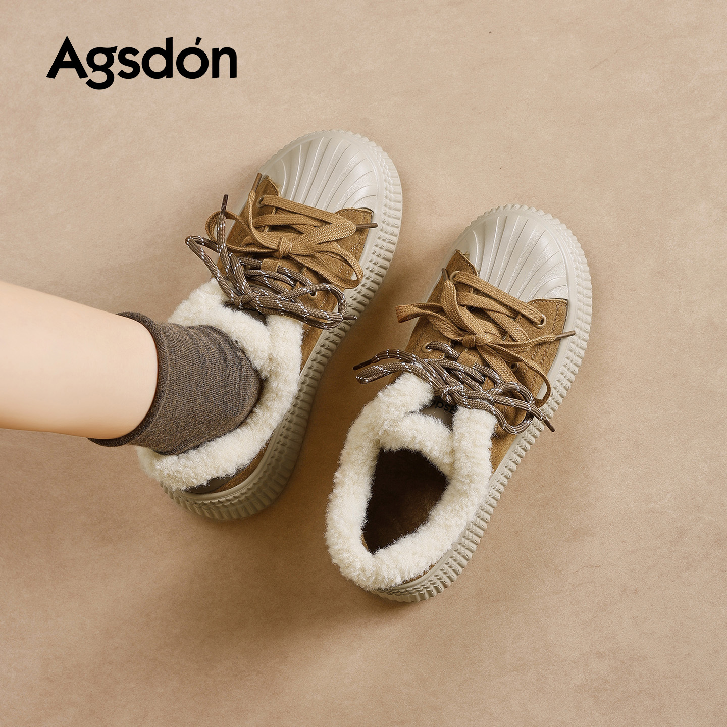 Augu Lion Deng Xiaoping zapatos de skate de lana para mujeres 2025, nuevos zapatos de invierno de algodón de nieve, zapatos casuales marrones con suela gruesa y blanca