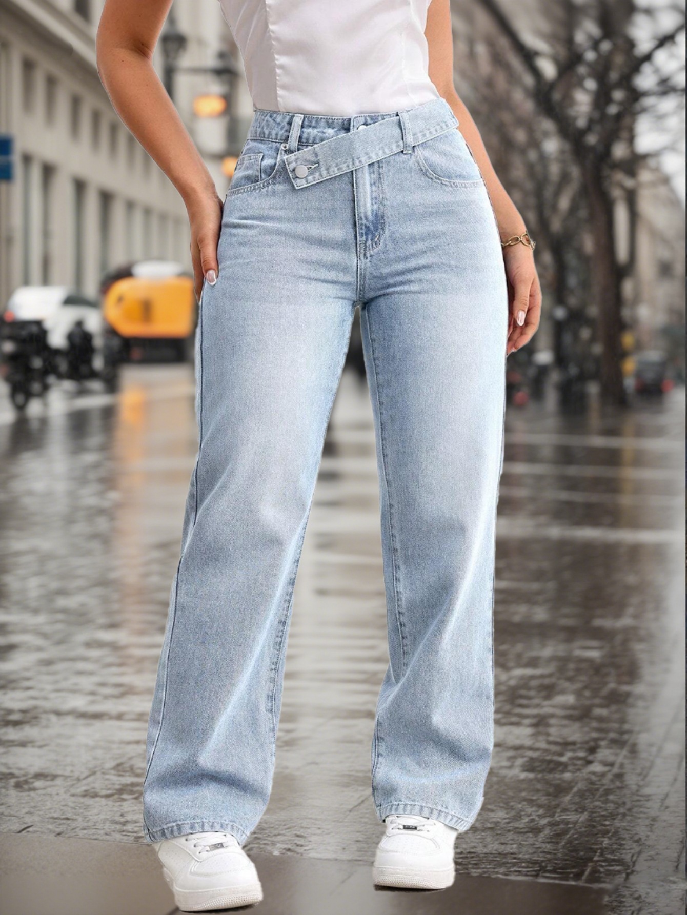 Vaqueros mujer azul claro corte recto cintura ajustable_voghion.com