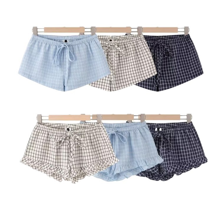 Petite Plaid High-Waisted Wide-Leg Shorts for Women, Summer Korean Style, Sweet and Stylish, Suitable for Home or Outdoor Wear, Loose Fit with Ruffles