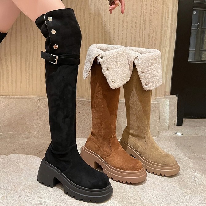 Cowhide Version of Over-The-Knee Boots for Women 2025 Autumn and Winter Large Tube Circumference Two-Wear Thick-Soled High-Top Black Slim Boots Fleece-Lined Women's Shoes