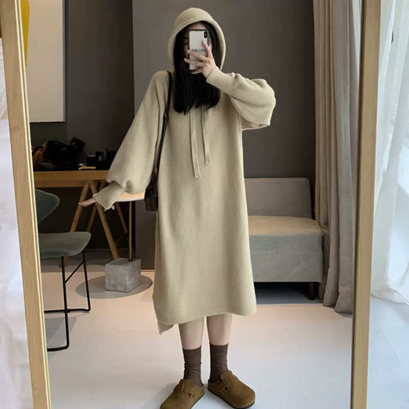 慵懒风连帽卫衣裙女2025秋季季大码显瘦遮肚子休闲打底针织连衣裙