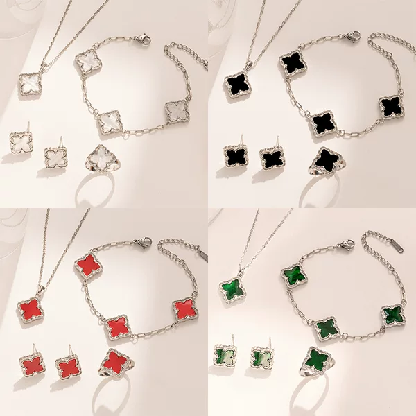 Silver diamond-shaped four-leaf clover flower set for women: necklace, bracelet, earrings, and ring - four-piece set of light luxury high-end jewelry