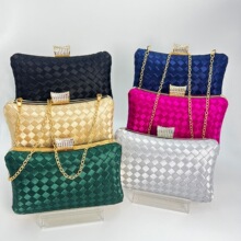 现货时尚丝绸缎布手工格子编织手拿包 派对结婚宴会包新款名媛包