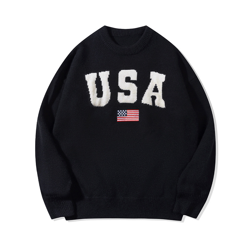 André.| Suéter de letras retro americano para hombres y mujeres otoño y invierno pareja alta versátil cuello redondo camiseta de manga larga
