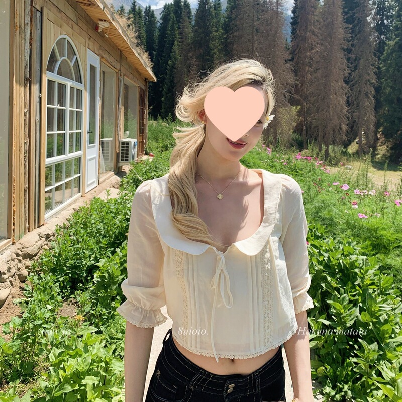 'Pine Forest Wild Rose' apricot-colored doll-collar short shirt for women, new summer style, age-reducing lace patchwork top