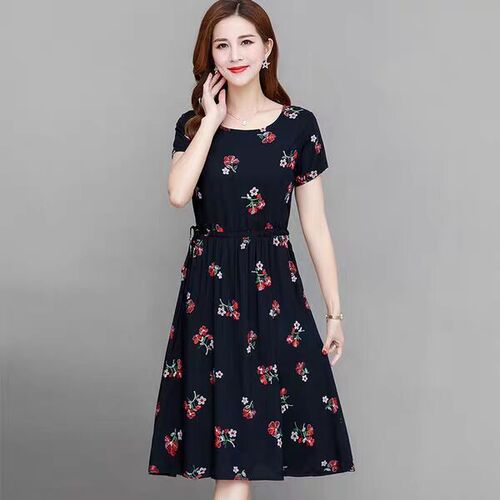 New fashion women's summer dress, middle-length, suitable for mothers, short-sleeved, plus-size dress for larger women