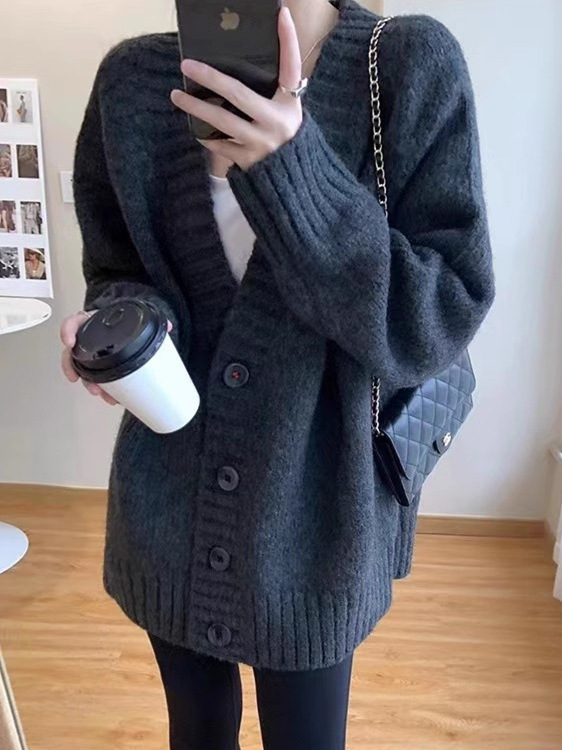 韩版大毛衣外套女秋冬加厚慵懒风中长款纯色针织开衫宽松大码外搭|undefined