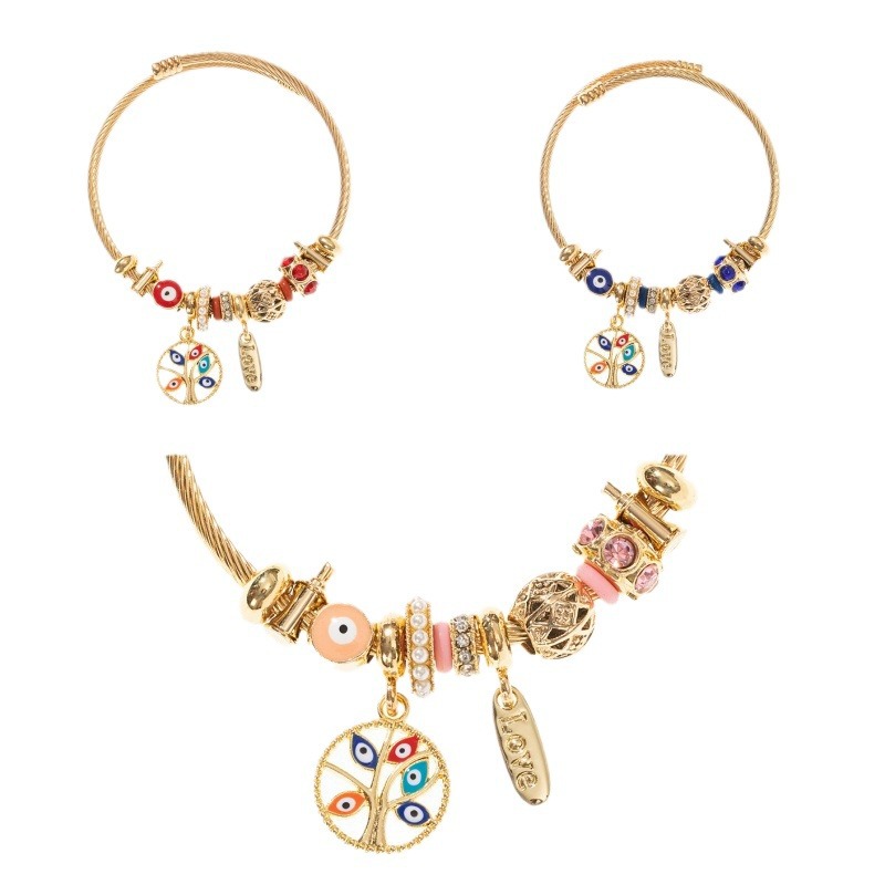 Panjia brazalete Dora DIY cuentas explosivas transfronterizas ojos del diablo colgante árbol de vida perla brazalete de acero con diamantes