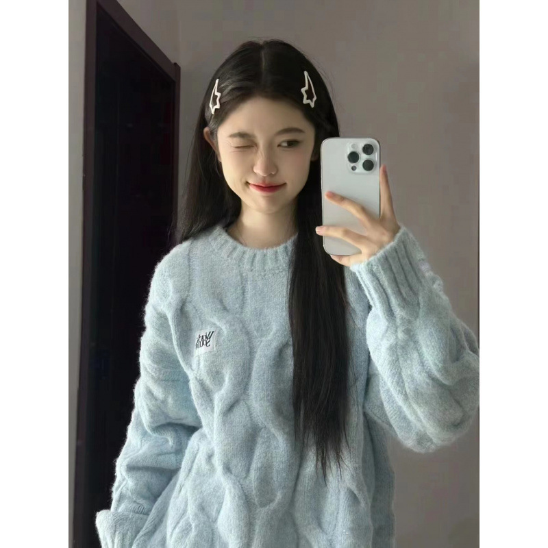 韩系软糯圆领毛衣女秋冬季奶宽松外穿慵懒风加厚针织麻花上衣|undefined