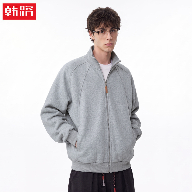 Han Lu | American-style casual heavyweight cardigan with a stand-up collar, men's loose-fit streetwear jacket for autumn Han Lu | American-style casual heavyweight cardigan with a stand-up collar, men's loose-fit streetwear jacket for autumn
