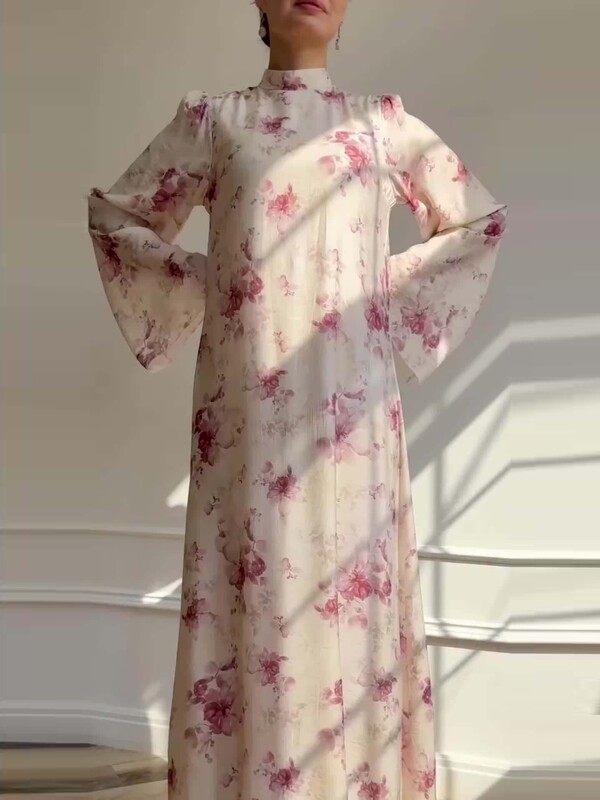 亚马逊欧美2025秋季新款修身系带印花温柔灯笼袖连衣裙长袖长裙女|undefined