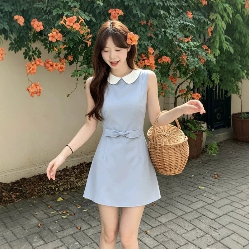 Sweet and elegant doll-collar sleeveless tank dress for petite women, age-reducing, waist-cinching A-line short dress for summer Sweet and elegant doll-collar sleeveless tank dress for petite women, age-reducing, waist-cinching A-line short dress for summer