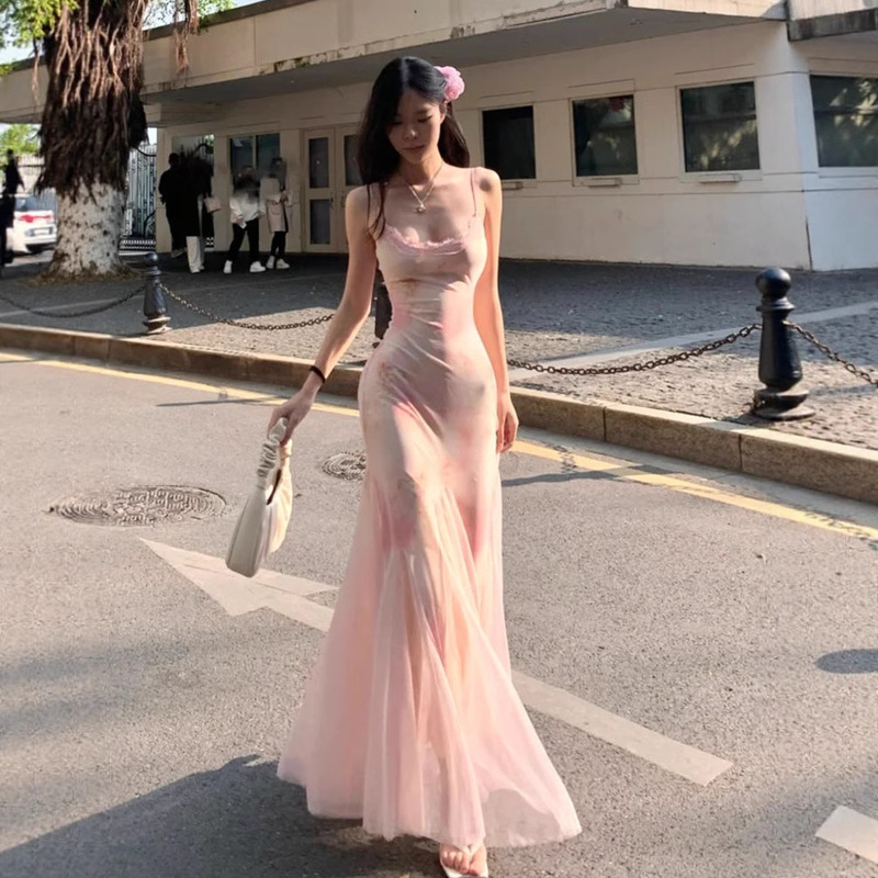 Advanced Sense Rendering Floral dress Women's Summer Super Fairy Pink Veil Skirt Sexy Hip Waist Slim Fishtail Skirt